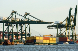 loading container at port, maritime transport